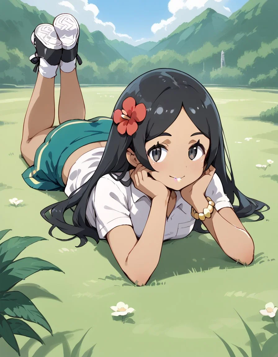 score_9, score_8_up, score_7_up, score_6_up, BREAK source_anime, best quality, masterpiece
1girl,<lora:lass smPonyXL:0.8>,lass sm,hair flower,bracelet,white shirt,skirt,socks,sneakers,full body,lying,on stomach,smile,looking at viewer,grass,hands on own chin,arm support,