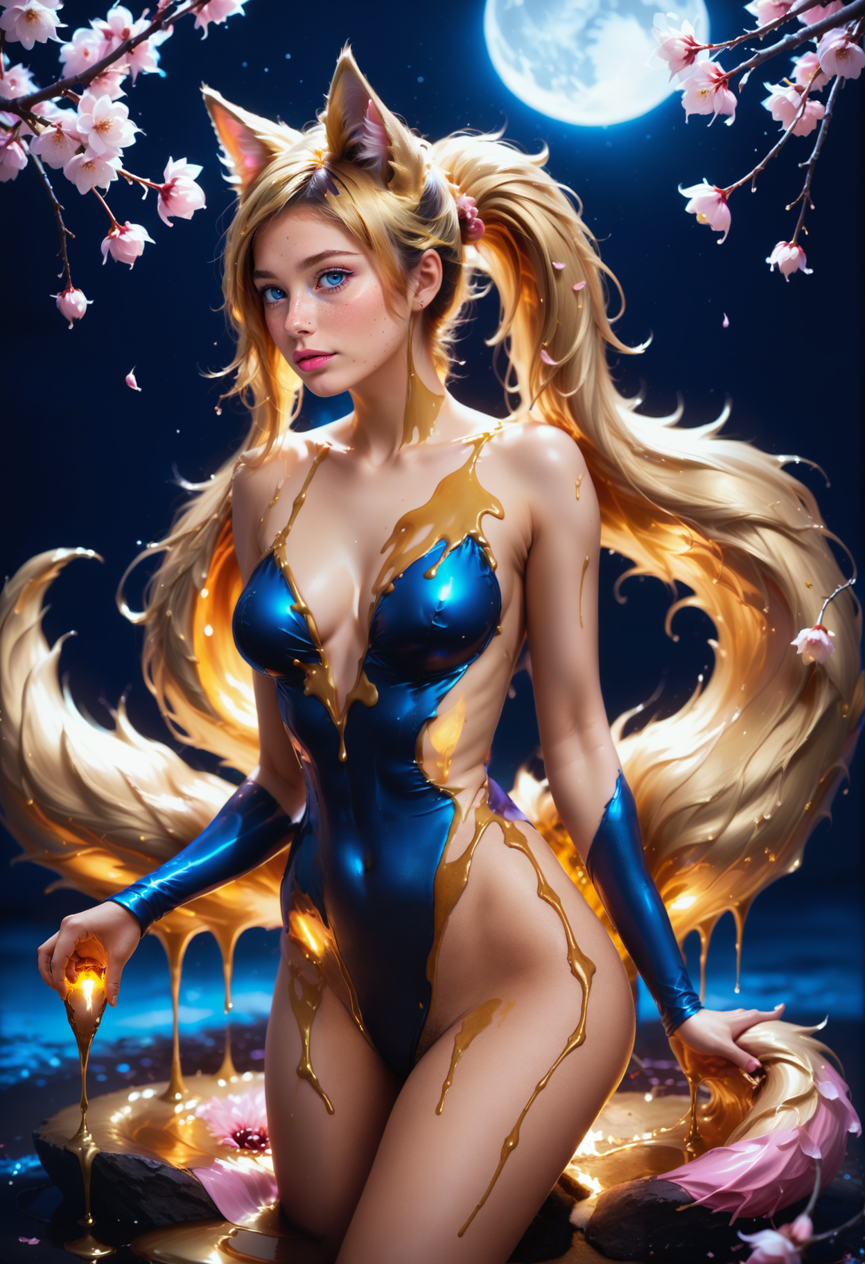 sideview, bluefoxeij <lora:bluefoxeijSDXL-000009:0.5>, multiple foxtails, tails and bodysuit made out of reij-mltngld <lora:moltengoldSDXL-000005:0.9>, posing, cherry blossom petals, flowers, night sky, cherry blossoms, dark, moonlight, dimmed light, from above, dynamic dramatic beautiful full taking, handsome, glossy, dynamic, vibrant, advanced cinematic perfect light, highly detailed, contemporary, woman with foxtails, moody lighting,