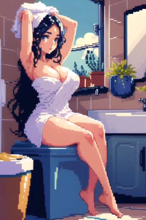 <lora:pixel:0.9>(((pixelart)))  1girl, solo, long hair, breasts, large breasts, black hair, holding, cleavage, sitting, sky, barefoot, day, cloud, indoors, armpits, arm up, blue sky, wet, book, window, phone, cat, cellphone, plant, towel, arm behind head, potted plant, naked towel, bathroom, stool, shelf, sink, washing machine