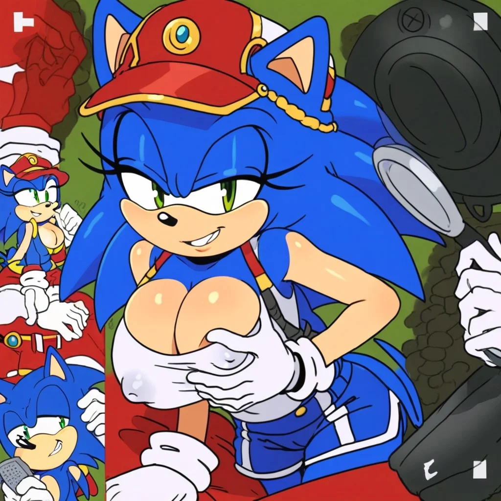 veiny penis, large breasts, blue fur, covered nipples, solo focus, blue shorts, uniform, male focus, erection under clothes, holding, smile, no bra, bare shoulders, sonic the hedgehog, penis, teeth, cowboy shot, frying pan, cleavage, leaning forward, short shorts, hat, green eyes, hand on another's head, lying, fake screenshot, genderswap (mtf), breast poke, remote control, sketch, red pants,