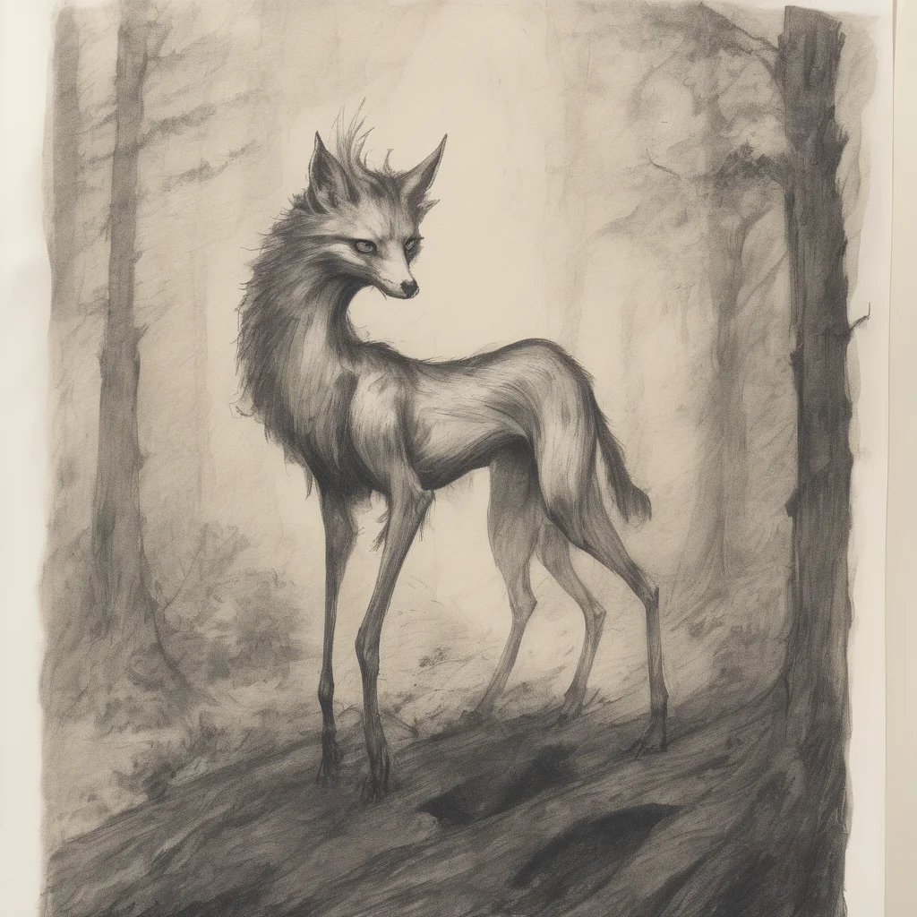 full-body pencil sketch of a seductive fable creature. She has an elegant, slender form with sharp, angular features, a haunting smile, and glittery eyes. in a dark forest. The page is yellowed and lightly smudged, figure drawing, expedition journal appearance.