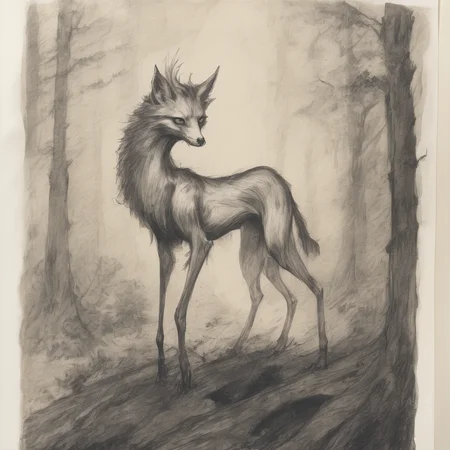 full-body pencil sketch of a seductive fable creature. She has an elegant, slender form with sharp, angular features, a haunting smile, and glittery eyes. in a dark forest. The page is yellowed and lightly smudged, figure drawing, expedition journal appearance.