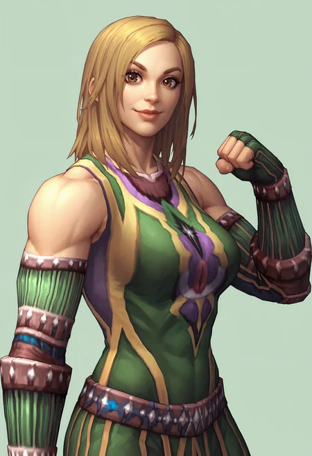 score_9, score_8_up, score_7_up, score_6_up, score_5_up, score_4_up, 1girl, <lora:KerriHicks:0.75> solo, breasts, blonde hair, brown eyes, lips, pants, gloves, elbow gloves, fingerless gloves, bare shoulders, upper body, standing, muscular, muscular female, flexing, smile, looking at viewer,
(light blue background), simple background,