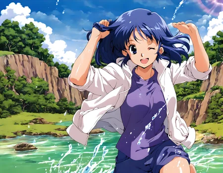 <lora:pony_xl_kasumi>,kasumi,score_9,source_anime,1girl,solo,best quality,masterpiece,super fine illustration,open jacket,open clothes,white jacket,sleeves rolled up,purple shirt,purple shorts,day,blue sky,nature,river,beautiful water surface,smile,laughing,one-eyed wink,barefoot,standing,knees_together_feet_apart,adjusting_hair,standing on the water,splashing water,soaked,wet wet,full_shot,rim light,lens_flare,