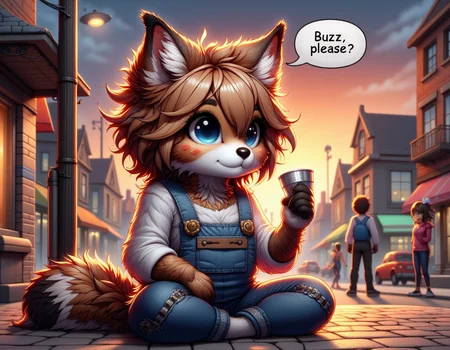 A cute innocent furry beggar girl in tattered threadbare overalls sitting crosslegged holding up a tin cup with a crying sad pleading expression saying "Buzz, please?" on a fantasy city street corner with passersby ignoring her at dark fading sunset. All characters are animal people. This is in a drawn animated style, cute and surreal and detailed art, with vibrant colors and dynamic poses.Fluxxy, Fluffy, Furry