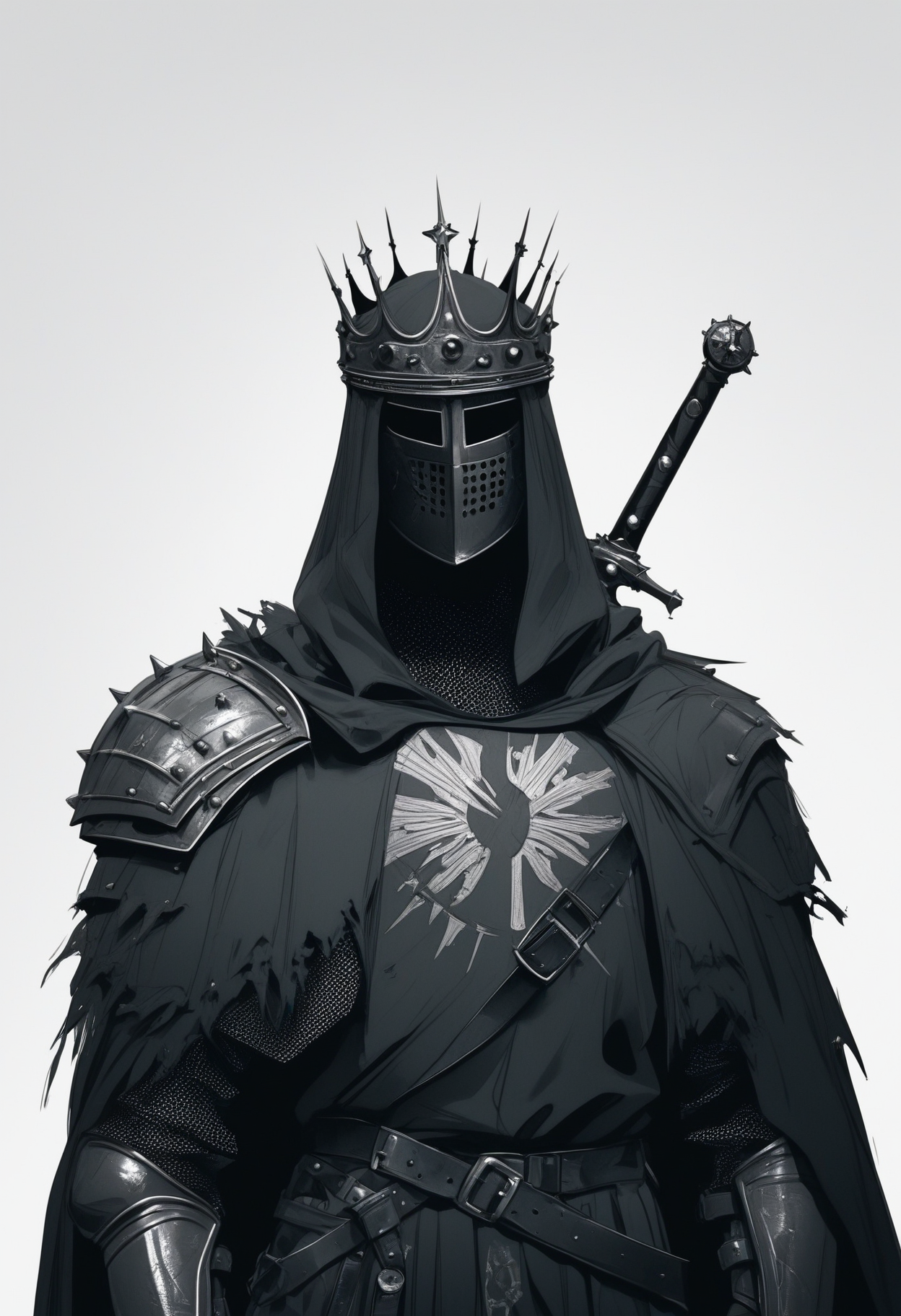 score_9, score_8_up, score_7_up, score_6_up, score_5_up, score_4_up,
 <lora:ArmorSentinelV2:1>, arm0rs3nt1n3l,
templar, solo, looking at viewer, simple background, white background, 1boy, holding, standing, upper body, monochrome, male focus, weapon, cowboy shot, belt, hood, sword, holding weapon, cape, armor, torn clothes, holding sword, helmet, crown, shoulder armor, 1other, facing viewer, gauntlets, sheath, veil, cloak, hood up, pauldrons, sheathed, breastplate, weapon on back, knight, full armor, ambiguous gender, torn cape, helm, chainmail