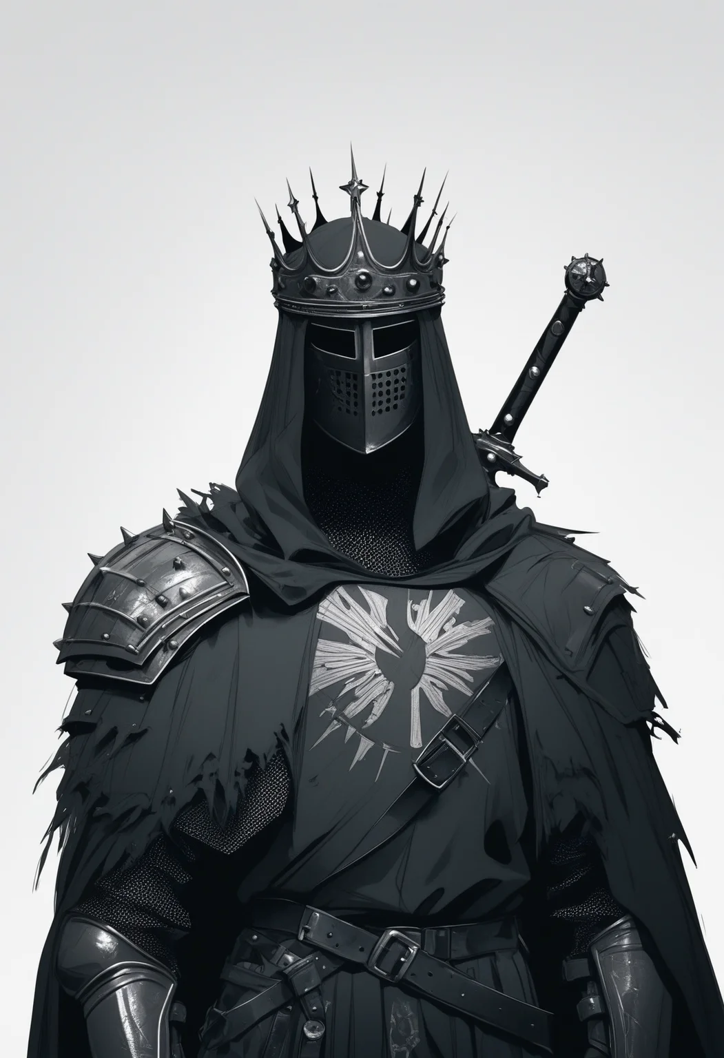 score_9, score_8_up, score_7_up, score_6_up, score_5_up, score_4_up,
<lora:ArmorSentinelV2:1>, arm0rs3nt1n3l,
templar, solo, looking at viewer, simple background, white background, 1boy, holding, standing, upper body, monochrome, male focus, weapon, cowboy shot, belt, hood, sword, holding weapon, cape, armor, torn clothes, holding sword, helmet, crown, shoulder armor, 1other, facing viewer, gauntlets, sheath, veil, cloak, hood up, pauldrons, sheathed, breastplate, weapon on back, knight, full armor, ambiguous gender, torn cape, helm, chainmail