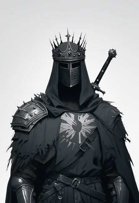 score_9, score_8_up, score_7_up, score_6_up, score_5_up, score_4_up,
<lora:ArmorSentinelV2:1>, arm0rs3nt1n3l,
templar, solo, looking at viewer, simple background, white background, 1boy, holding, standing, upper body, monochrome, male focus, weapon, cowboy shot, belt, hood, sword, holding weapon, cape, armor, torn clothes, holding sword, helmet, crown, shoulder armor, 1other, facing viewer, gauntlets, sheath, veil, cloak, hood up, pauldrons, sheathed, breastplate, weapon on back, knight, full armor, ambiguous gender, torn cape, helm, chainmail