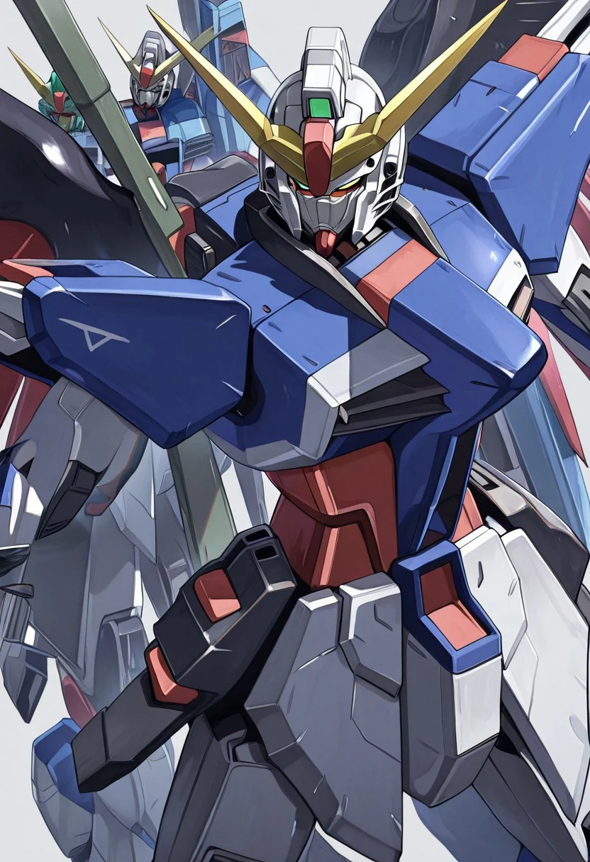 detailed face, score_9, score_8_up, score_7_up, score_6_up, score_5_up, score_4_up, 4k quality, detailed, (destiny gundam, mecha, robot), (no humans:1.1), best quality, masterpiece, simple background