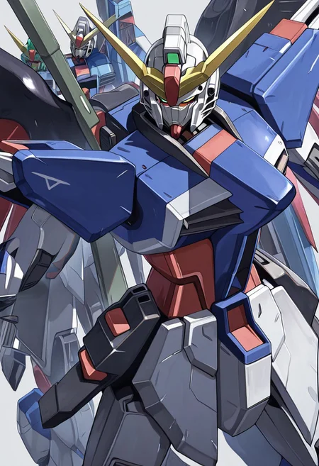 detailed face, score_9, score_8_up, score_7_up, score_6_up, score_5_up, score_4_up, 4k quality, detailed, (destiny gundam, mecha, robot), (no humans:1.1), best quality, masterpiece, simple background