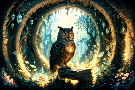 An ancient library hidden within an enchanted forest, illuminated by bioluminescent plants and floating crystals, as seen through the eyes of a curious owl at twilight. <lora:Lost_In_Dreams:0.7> <lora:xl_more_art-full_v1:0.6>, (masterpiece:1.2), best quality, (hyperdetailed, highest detailed:1.2), high resolution textures