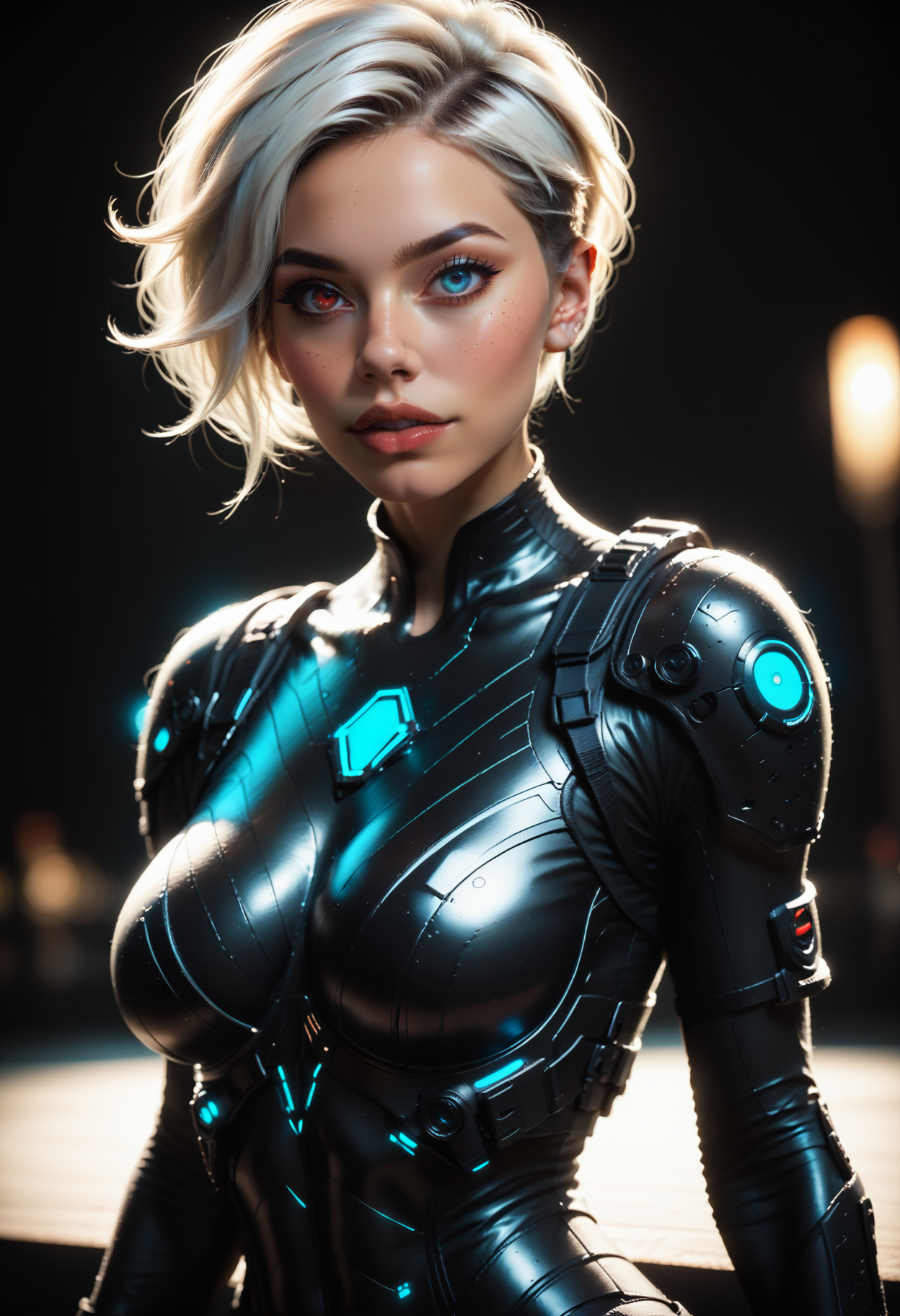 score_9, score_8_up, score_7_up, source_photo, realistic,
1girl, solo, 21yo, beautiful eyes, large lips, freckles, white hair, undercut, large breasts, skinny, toned, dark skin, heterochromia, red eyes:right eye red, blue eyes:left eye blue,
((black bodysuit, body armor, tactical gear, futuristic)),
(simple blurred background, depth of field), ((naughty expression, sexy pose, dynamic angle)),
erotic, elegant, sensual, seductive, bright colors, high contrast, dark background, vivid lighting,
zPDXL, <lora:Dark_Heterochromia_Pony_v0.3:0.7>