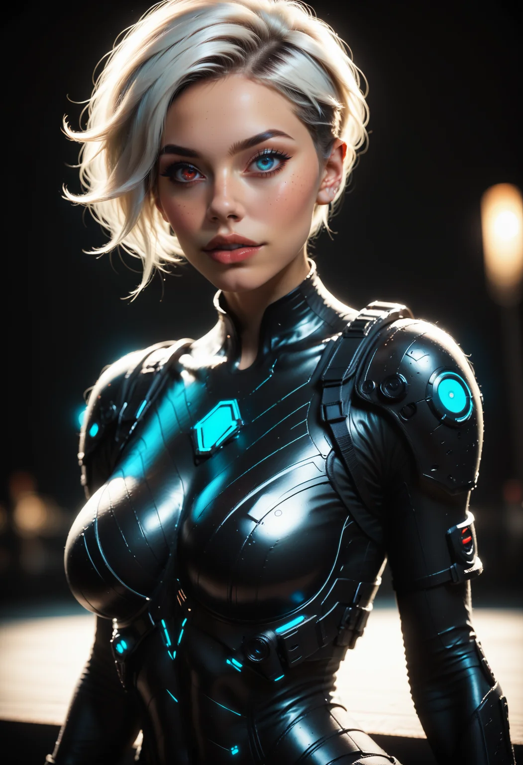 score_9, score_8_up, score_7_up, source_photo, realistic,
1girl, solo, 21yo, beautiful eyes, large lips, freckles, white hair, undercut, large breasts, skinny, toned, dark skin, heterochromia, red eyes:right eye red, blue eyes:left eye blue,
((black bodysuit, body armor, tactical gear, futuristic)),
(simple blurred background, depth of field), ((naughty expression, sexy pose, dynamic angle)),
erotic, elegant, sensual, seductive, bright colors, high contrast, dark background, vivid lighting,
zPDXL, <lora:Dark_Heterochromia_Pony_v0.3:0.7>