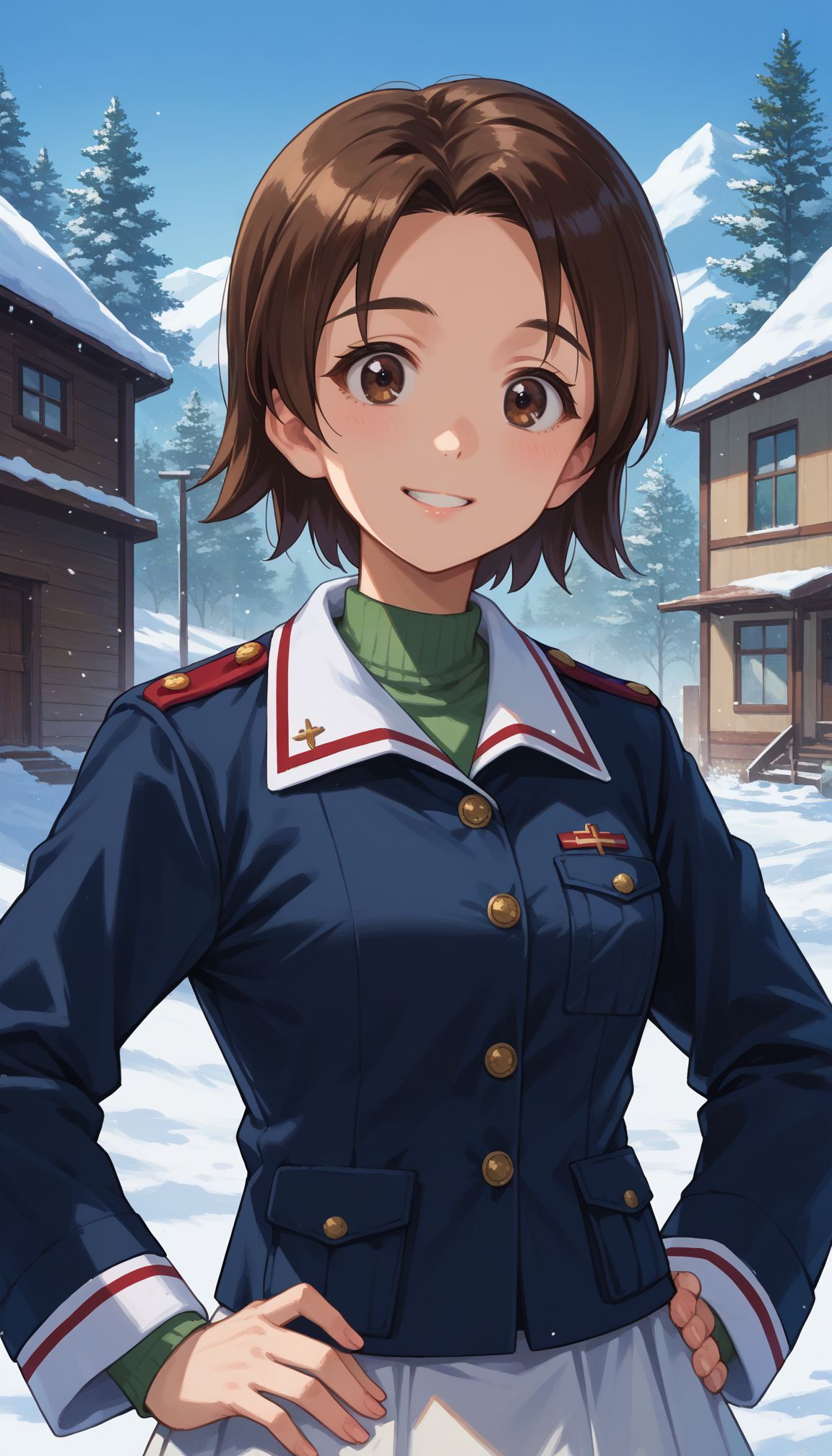 score_9, score_8_up, score_7_up, source_anime,   outdoor, snow, upper body, smile hand on hips
 <lora:Sawa Azusa (girls und panzer):1> 1girl, sawa azusa, short hair, brown hair, parted bangs, brown eyes,  ooarai military uniform,blue jacket,green shirt,long sleeves,white skirt,