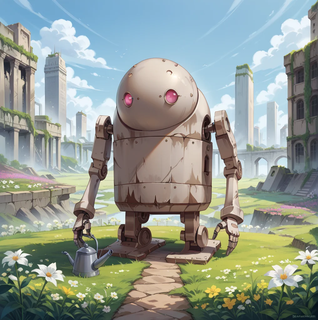 score_9, score_8_up, score_7_up, best quality, masterpiece, source_anime, rating_safe , zPDXL2, BREAK, building, city of ruins
<lora:machine_lifeform:1>, machine_lifeform, machine, robot, flower field, Watering can, pink eyes
