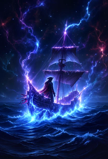 Fluorescent, glow, a lone pirate stands at the helm of a glowing, spectral ship as it sails through a swirling, opalescent sea of stars. His face is shadowed under a tattered hat, but his eyes gleam with a strange, otherworldly light, as he steers the ship through the endless cosmic waves. The ship itself is translucent, made of glowing energy, and it leaves a trail of stardust in its wake. Above, nebulae in vibrant, fluorescent hues pulse softly, casting the scene in radiant light. The pirateâs coat flutters in the cosmic wind, shimmering with subtle iridescence. The textures of the glowing ship, the swirling stars, and the radiant nebulae create an epic, surreal journey across the stars.<lora:DnDDarkestFantasy:0.5><lora:FluxMythP0rtr4itStyle:0.75><lora:Dever_Flux_Enhancer:0.5><lora:Aura_Flux-000010:0.6>