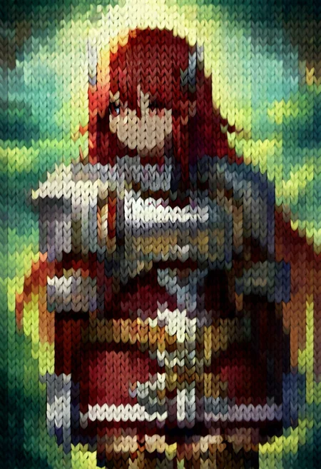 score_9,score_8_up,score_7_up,kn1t,defCordelia, red hair, red eyes, wing hair ornament, red dress, short dress, armored dress, belt, gauntlets, garter straps, thigh boots, forest, smiling,
<lora:potat_knit_style_PDXL_v1:1> <lora:fecordelia-pdxl-nvwls-v1:1>