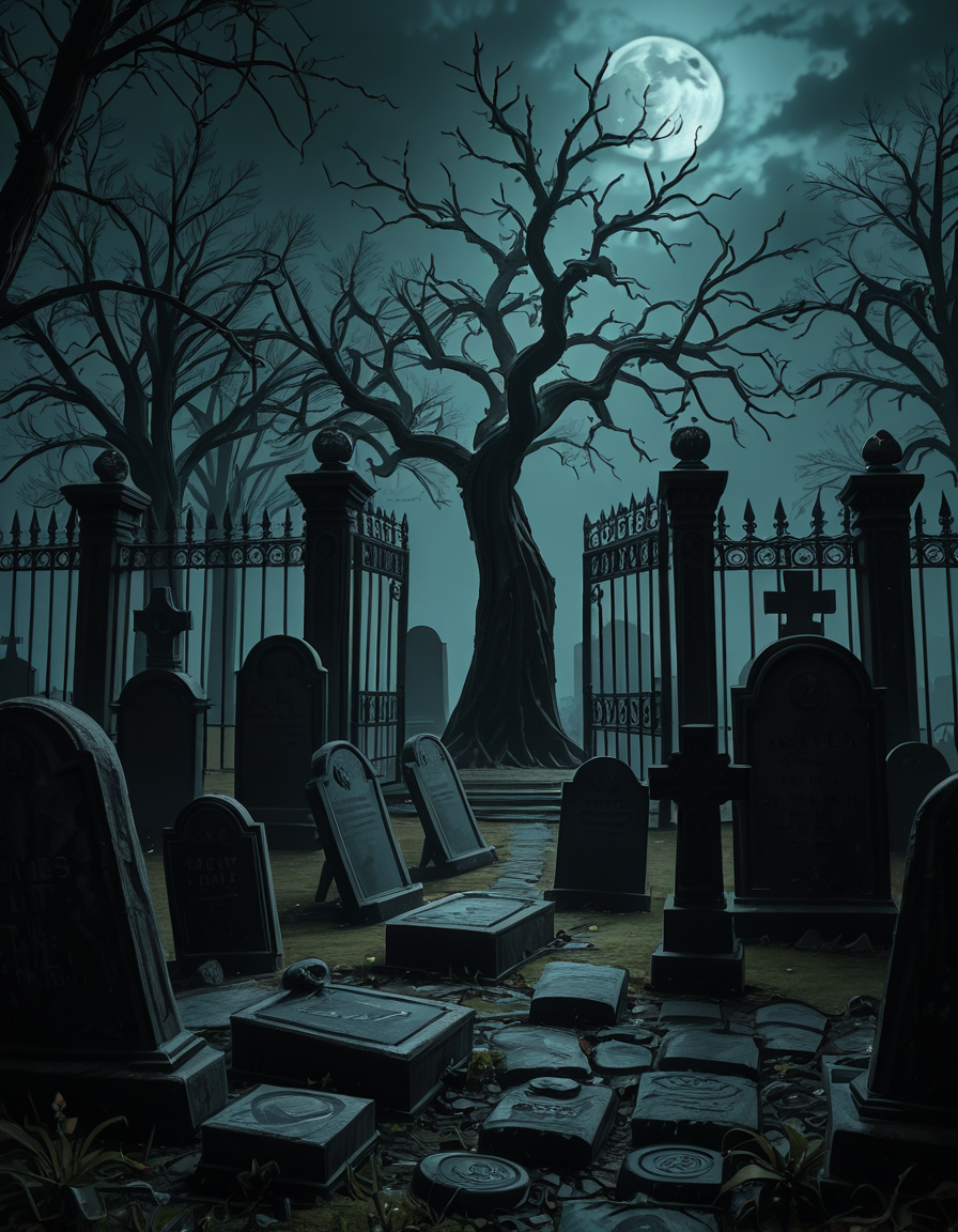 A dark and eerie cemetery shrouded in mist, with ancient, weathered tombstones covered in moss. The scene is dimly lit by a pale, ghostly moonlight filtering through twisted, leafless trees. Cracked stone pathways lead through the graveyard, partially hidden by overgrown grass and creeping ivy. A few old, gothic-style mausoleums stand in the background, their iron gates slightly ajar, adding to the mysterious and haunting atmosphere. Wisps of fog swirl around the gravestones, enhancing the eerie mood. The overall color palette consists of deep blues, grays, and muted greens, creating a cold and unsettling ambiance. The image is highly detailed and photorealistic, capturing the textures of the aged stone, the fogâs movement, and the ominous shadows stretching across the ground. 
<lora:SDXLFaeTastic2400:0.4> <lora:extremely_detailed:0.4> extremely detailed,<lora:33r13_c3m3t3ry-ill:1>,33r13 c3m3t3ry, Masterpiece,best quality,hi res,8k,hi res,8k,award winning,(sharp focus, intricate, highly detailed),
