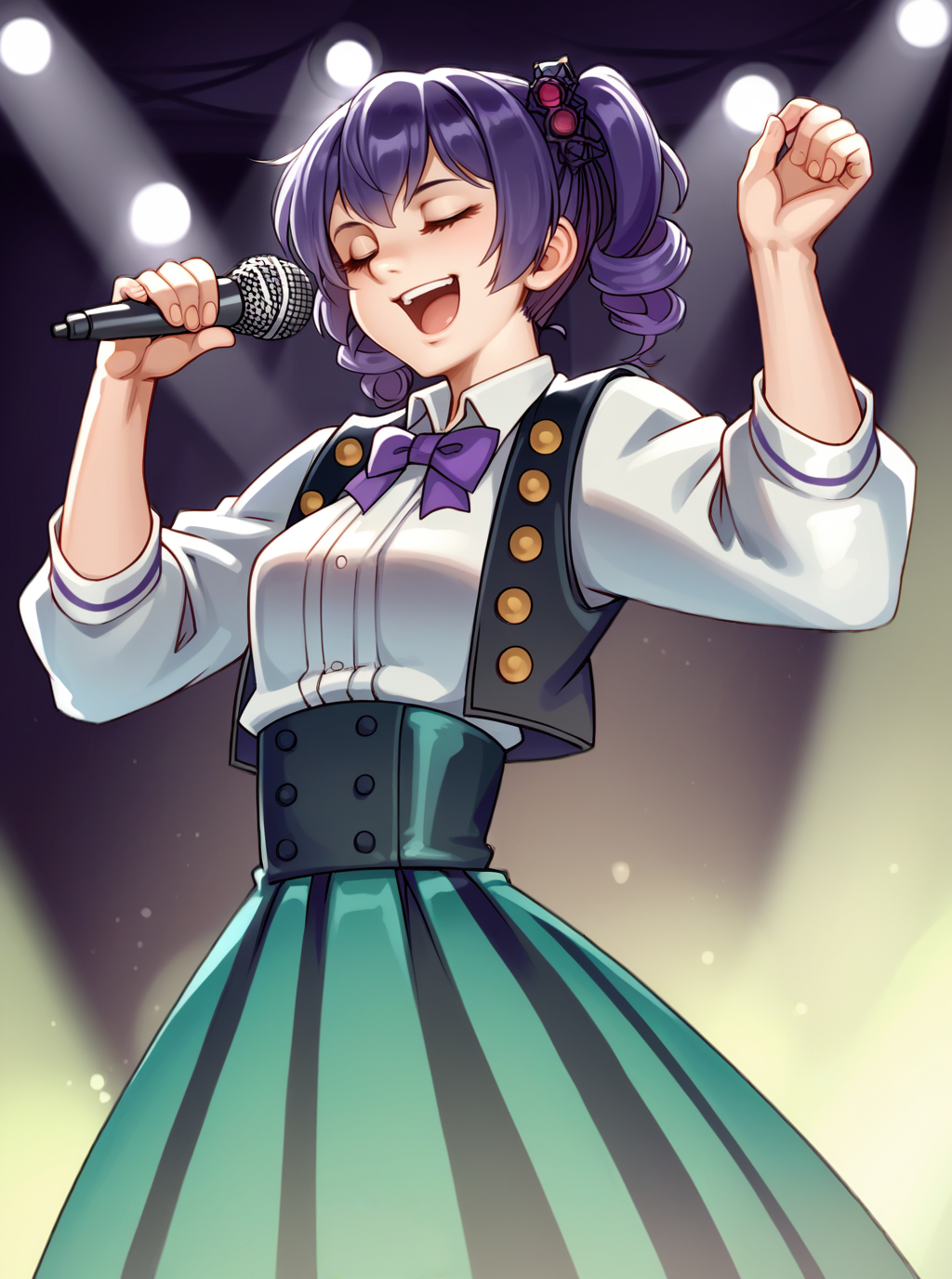 score_9, score_8_up, score_7_up, source_anime, solo, 1girl, waistcoat, , , closed_eyes, idol, stage, microphone, shrugging, , kairunoburogu,  <lora:kairunoborugu_PDXL-000001:1>