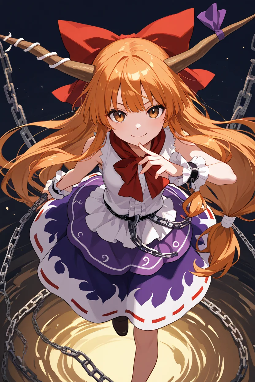 masterpiece, best quality, 1girl, solo, 21 year old model, eyelashes, (beautiful eyes), ,,, <lora:IbukiSuikaTouhouIXL:1.0>, zzSuika, brown eyes, hair bow, horns, long hair, low-tied long hair, oni horns, orange hair, very long hair, horn ribbon, sleeveless shirt, wrist cuffs, bow, ribbon, horn ornament, sleeveless, chain, skirt, shirt, from above, dynamic pose, cowboy shot, smile, looking at viewer, shiny skin,