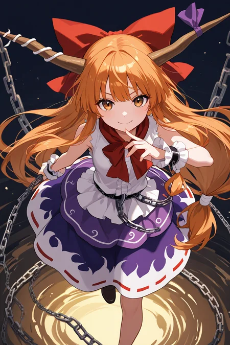 masterpiece, best quality, 1girl, solo, 21 year old model, eyelashes, (beautiful eyes), ,,, <lora:IbukiSuikaTouhouIXL:1.0>, zzSuika, brown eyes, hair bow, horns, long hair, low-tied long hair, oni horns, orange hair, very long hair, horn ribbon, sleeveless shirt, wrist cuffs, bow, ribbon, horn ornament, sleeveless, chain, skirt, shirt, from above, dynamic pose, cowboy shot, smile, looking at viewer, shiny skin,