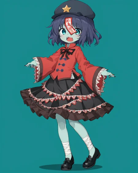 miyako yoshika,1girl, solo, wide_sleeves, open_mouth, full_body, black_footwear, long_sleeves, hat, footwear_bow, neck_ribbon, shoes, simple_background, zombie_pose, sharp_teeth, patchwork_skin, black_skirt, black_ribbon, ofuda, mouth_drool, red_shirt, black_bow, no_nose, jiangshi, aqua_background, bandaid_on_knee, bandaged_leg, nail_polish, from_side, adapted_costume, upper_teeth_only, stitches, high_collar, colored_skin, d:, standing, :o, film_grain, sleeves_past_wrists, no_pupils, red_bow, green_background, tangzhuang, legs_apart, blue_background, blunt_ends
<lora:miyako_yoshika_image2483_2023-12-20:1>,star-shaped_pupils,symbol-shaped_pupils,. gorgeous,key visual, vibrant, studio anime,award-winning, professional, highly detailed,high budget, cinemascope