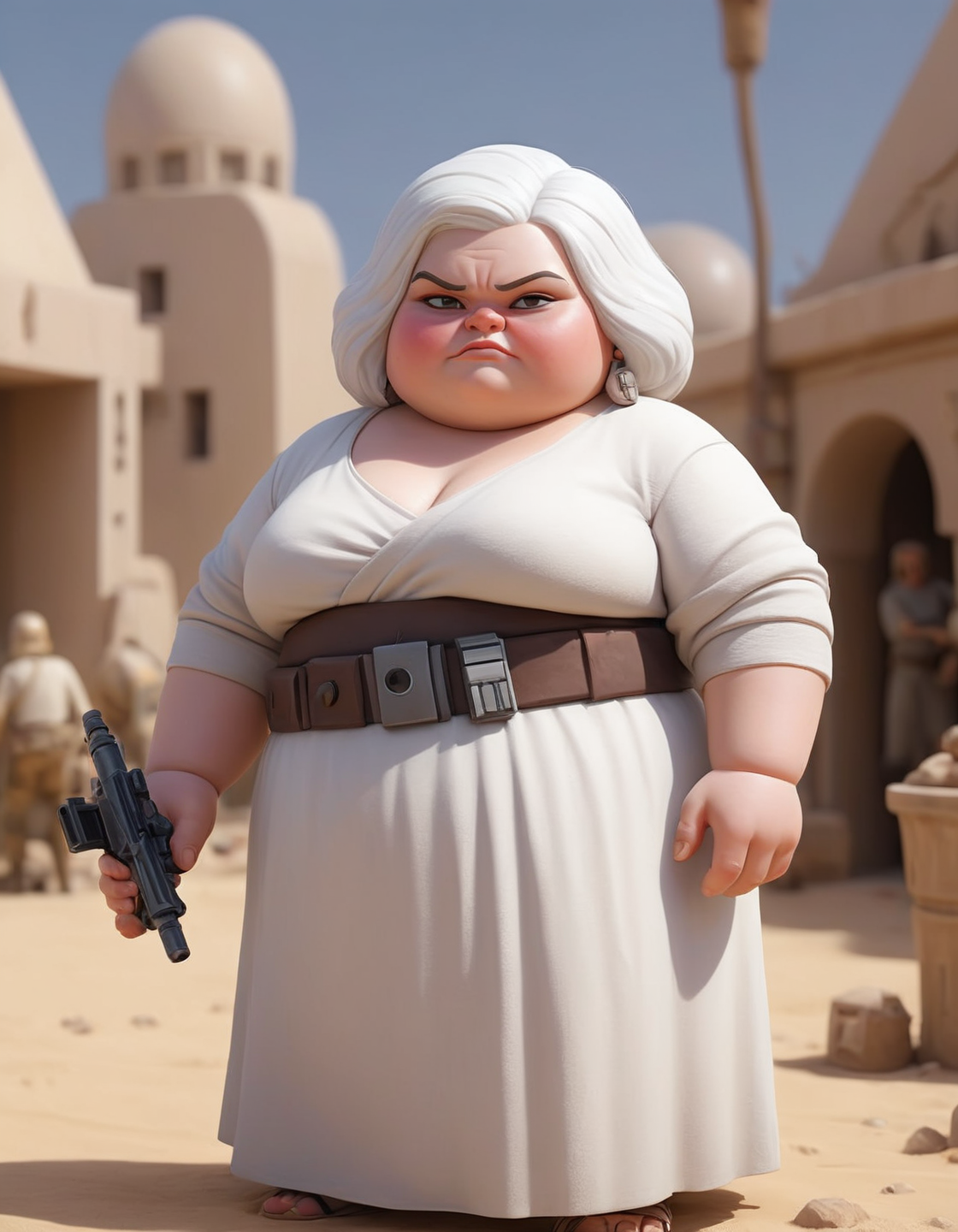 Pixel Art pixelated pixel pixel  , A fat white haired woman on vacation enjoying the local party scene  at afternoon in Mos Eisley on the planet Tatooine in Star Wars , a look of severe determination