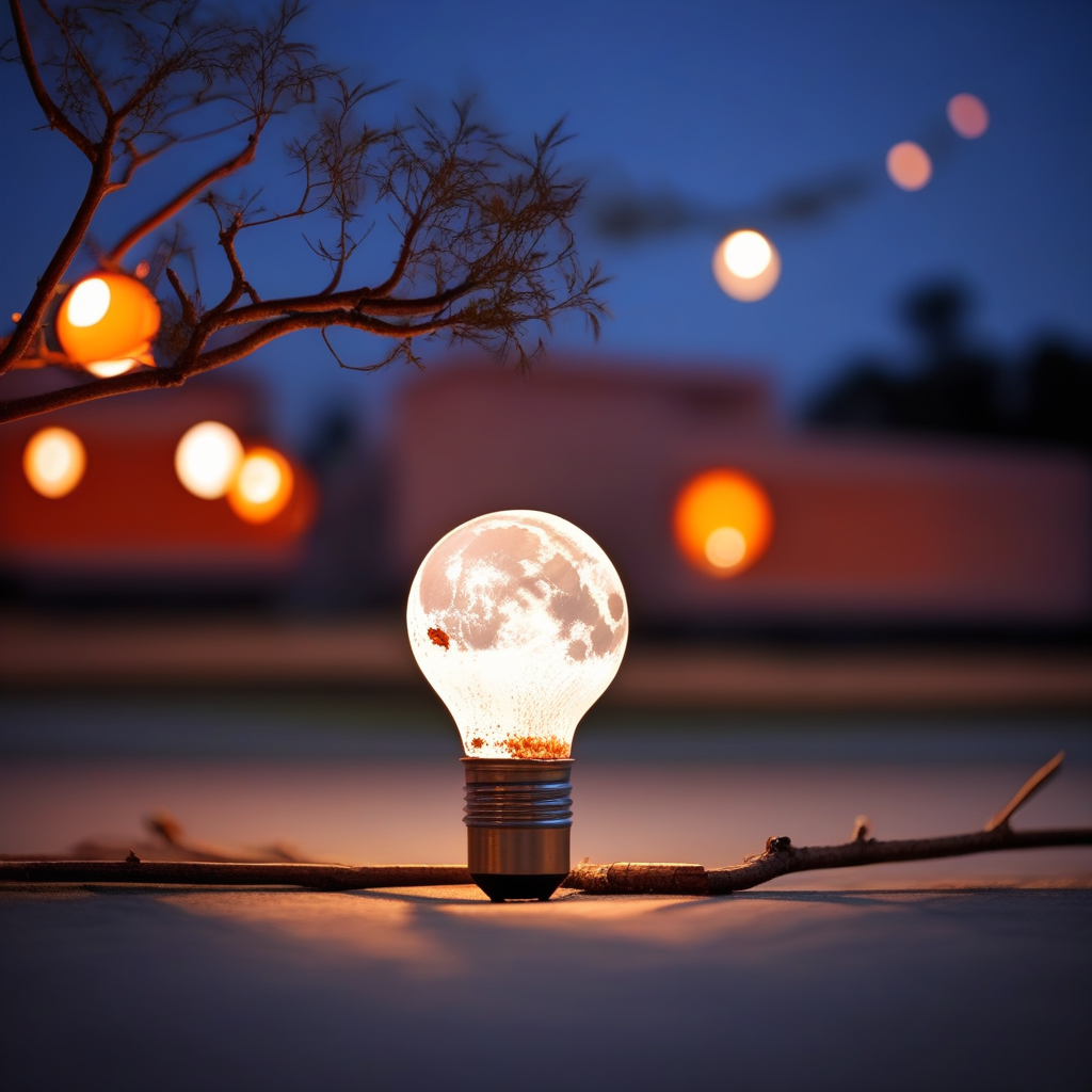 lighting bulb, ground vehicle, blurry, building, branch, bed, moon, pillow