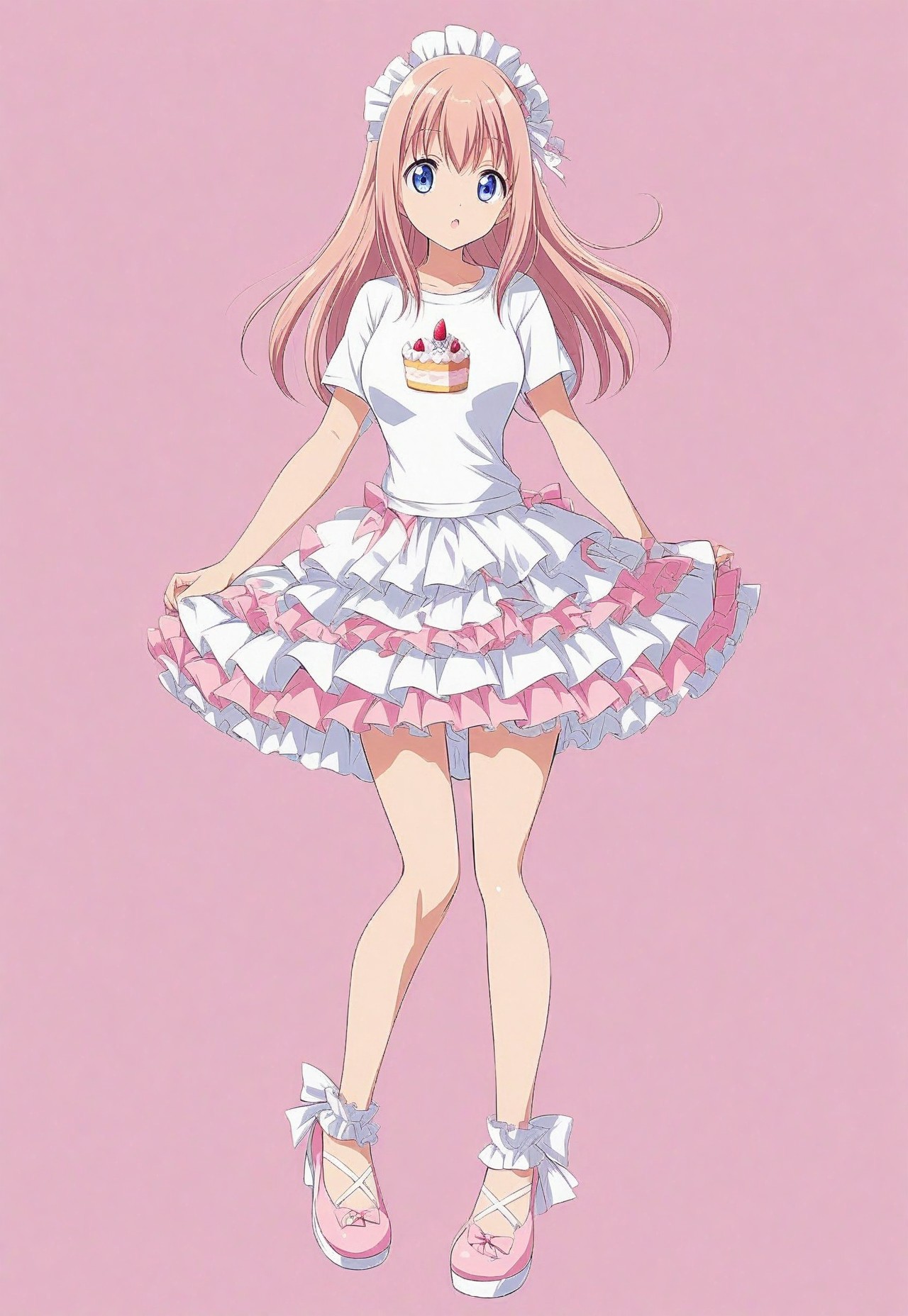 ((fullbody)) (anime) 1girl, shirt, t-shirt, simple shirt, cake skirt, cake_skirt, ruffled skirt, tiered skirt, frilled skirt, layered skirt, frilly skirt, ruffles, frills