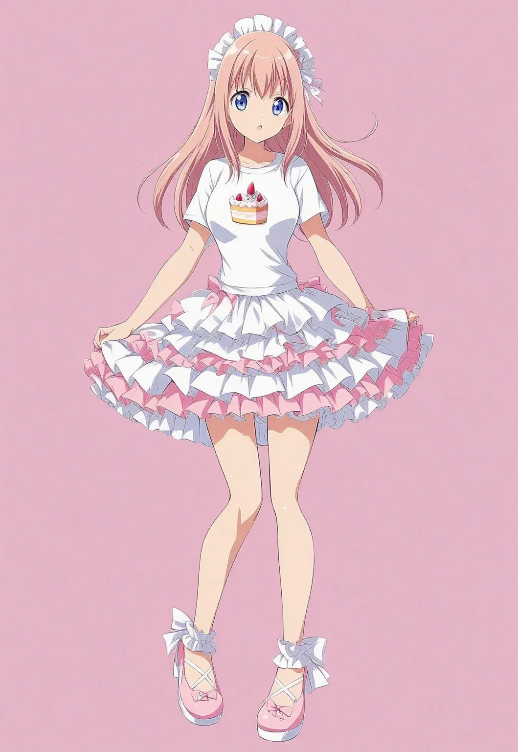 ((fullbody)) (anime) 1girl, shirt, t-shirt, simple shirt, cake skirt, cake_skirt, ruffled skirt, tiered skirt, frilled skirt, layered skirt, frilly skirt, ruffles, frills