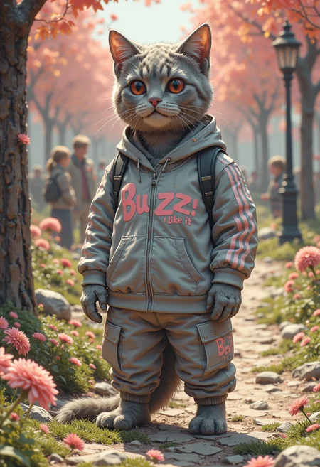This is a very detailed digital artwork depicting a personified super cute gray cat standing in a park The cat has expressive red eyes and pale pink powder blusher She has a smile on her face and looks very cute Her appearance added a touch of coolness This cat loving lady is wearing comfortable sportswear with white stripes on both paws that read "Buzz! I like it!" This photo is rich in details and the overall atmosphere is full of vitality, slightly exquisite. You can directly see the pink letter "Buzz! I like it!" on the white mark of the camera!