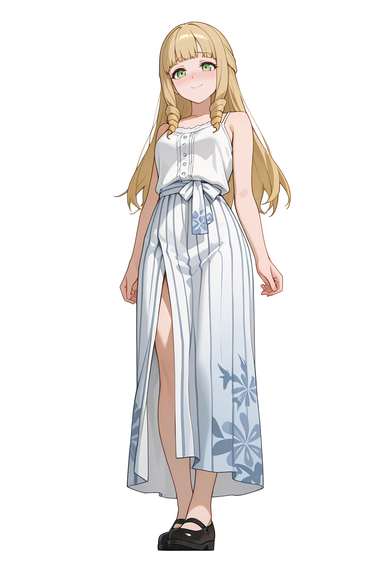 Smooth Quality,masterpiece,very intricate, high quality details, ultra realistic, high detailed skin,detailed enviorement,absurdres,
simple background, white background,
,from below,nose blush,sad smile,
tank top, camisole, ,yukata,  ,wrap skirt,  , <lora:Fiatoio_Annacnn:0.7> fannacnn, 1girl, blonde hair, green eyes, long hair, blunt bangs, sidelocks, drill hair, mary janes,