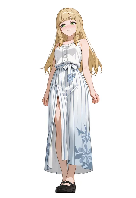 Smooth Quality,masterpiece,very intricate, high quality details, ultra realistic, high detailed skin,detailed enviorement,absurdres,
simple background, white background,
,from below,nose blush,sad smile,
tank top, camisole, ,yukata, ,wrap skirt, , <lora:Fiatoio_Annacnn:0.7> fannacnn, 1girl, blonde hair, green eyes, long hair, blunt bangs, sidelocks, drill hair, mary janes,