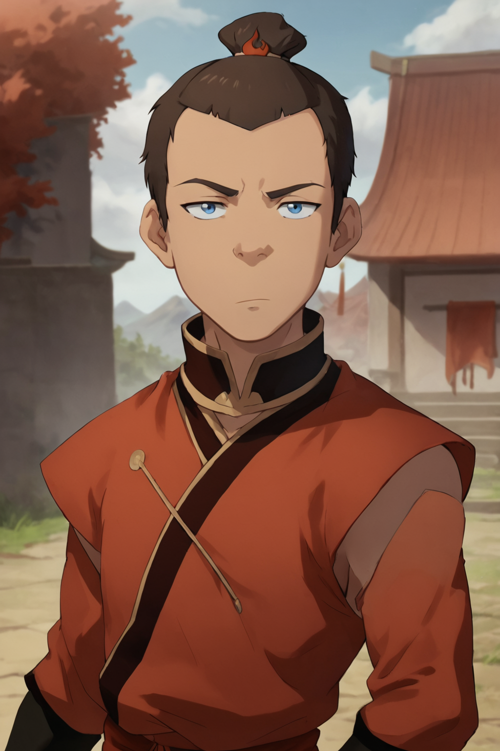 score_9, score_8_up, score_7_up,   <lora:sokka:0.8>, 1boy, solo, sokka, brown hair, short hair, blue eyes, fire nation clothing, red clothes, black clothes, topknot, looking at viewer, expressionless, outdoors, cowboy shot,