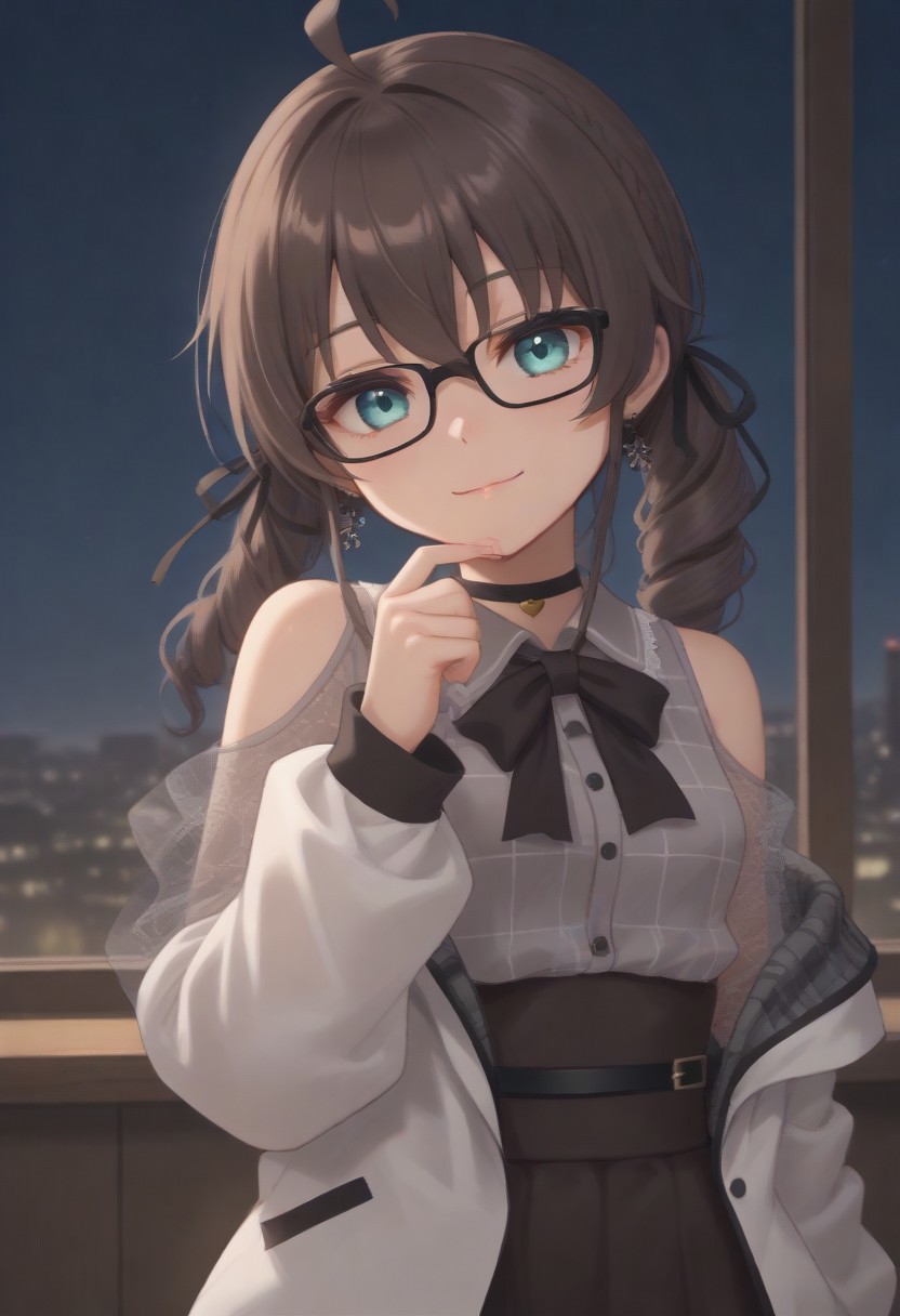 1girl, solo, solo focus, highres, absurdres, MatsuriMineGirl, brown hair, bangs, grey shirt, ahoge, twintails, black ribbon, black choker, hair between eyes, hair ribbon, brown skirt, shoulder cutout, collared shirt, flower earrings, black bowtie, blue eyes, white jacket, see-through sleeves, lace sleeves, plaid shirt, high-waist skirt, puffy short sleeves, medium hair, open jacket, small breasts, long sleeves, drill hair, black-framed eyewear, braid,
looking at viewer, evil smile, closed mouth, head tilt, hand up,
indoor, cityscape, neon lights, window, dark, night, night sky, 
light particles, backlighting, shade, light rays, lens flare, shiny skin, fine fabric emphasis,