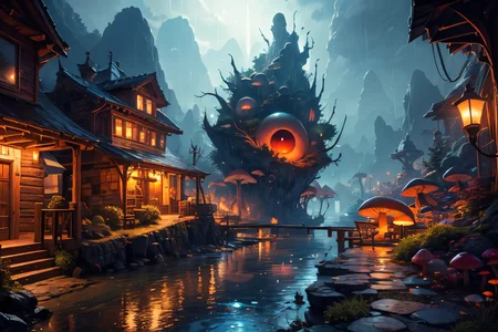 (Realistic:1.5) light, mountainous horizon, rain, rock, bat (animal), giant, eye focus, mushroom, from behind, teeth, alley, lights, watercraft, railing, extra eyes, monster, alien, floating island, lamppost, knife, <lora:EdobSyFyHorrorFairyTale_v1.0:0.8>