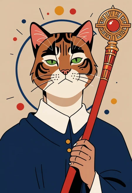 score_9, score_8_up, score_7_up, solo, 1 cat, easynegative, catman, staff, memphis corporate design, flat art, flat coloring, simple, vector art, corporate art, cel shading, cel shaded, Vector Cartoon Illustration, cat, catman, man with cat head, red furr cat, red furr, dark blue mantle, beige backgound,