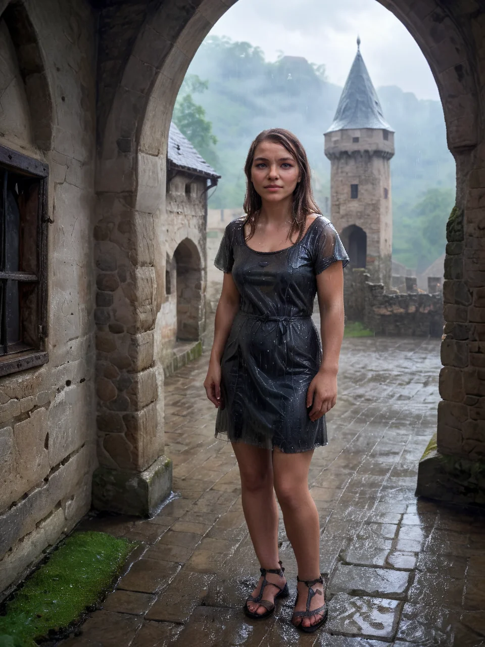 Hyperrealistic art beautiful cute 28 y.o. Vala woman is standing castle's courtyard, wearing wet transparent dress, manorhouse, old castle, stone walls, rain, <lora:polyhedron_god rays-000007:0.6> <lora:Castle_manor:0.8> <lora:Vanilka:0.9> . Extremely high-resolution details, photographic, realism pushed to extreme, fine texture, incredibly lifelike