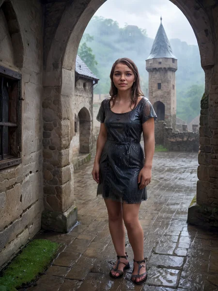 Hyperrealistic art beautiful cute 28 y.o. Vala woman is standing castle's courtyard, wearing wet transparent dress, manorhouse, old castle, stone walls, rain, <lora:polyhedron_god rays-000007:0.6> <lora:Castle_manor:0.8> <lora:Vanilka:0.9> . Extremely high-resolution details, photographic, realism pushed to extreme, fine texture, incredibly lifelike