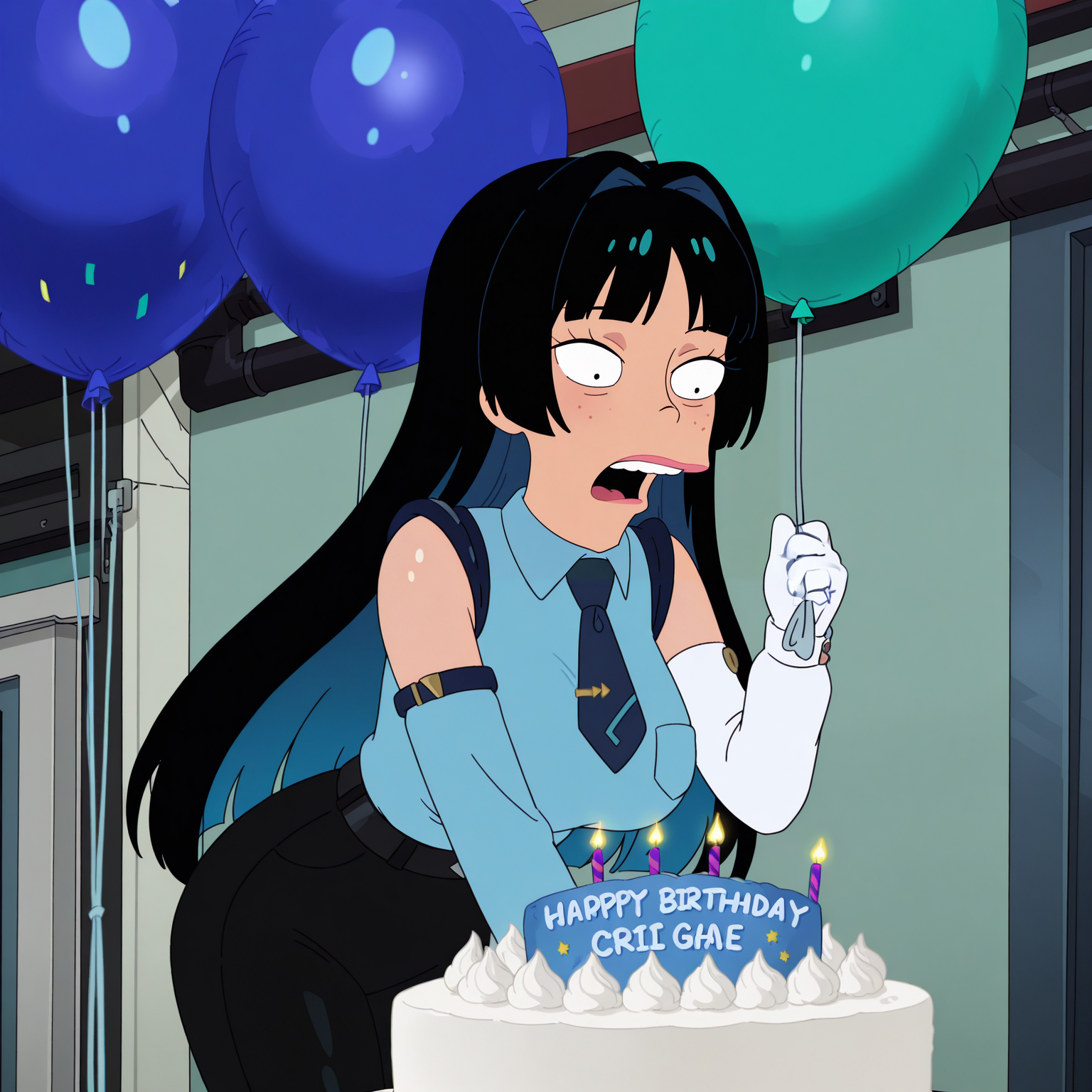 <lora:FuturamaIL2:0.35>, <lora:FuturamaIL:0.25>,
1girl asymmetrical_sleeves balloon birthday_cake black_hair black_pants blue_necktie blue_shirt blue_sleeves breasts cake colored_inner_hair detached_sleeves food gloves hair_intakes large_breasts leaning_forward long_hair mismatched_sleeves multicolored_hair necktie official_alternate_costume open_mouth pants shirt virtual_youtuber white_gloves white_sleeves
,  <lora:FuturamaHRIL:1>, best quality, absurdres