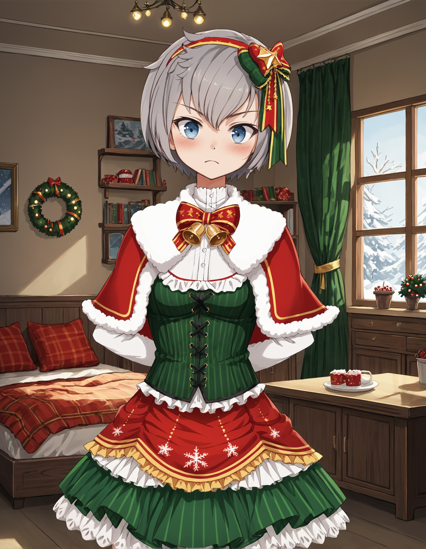 score_9, score_8_up, source_anime, 1girl, upper body, medium shot, detailed, mgrcakirashinobu, grey hair, short hair, light blue eyes, red hair ornament, green hair bow, red fur-trimmed capelet, white frilled shirt, green corset, red frilled skirt, hands behind back, blush, indoors, christmas, (surprised:0.8), <lora:mgrcakirashinobu_XL:0.95>