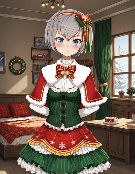 score_9, score_8_up, source_anime, 1girl, upper body, medium shot, detailed, mgrcakirashinobu, grey hair, short hair, light blue eyes, red hair ornament, green hair bow, red fur-trimmed capelet, white frilled shirt, green corset, red frilled skirt, hands behind back, blush, indoors, christmas, (surprised:0.8), <lora:mgrcakirashinobu_XL:0.95>