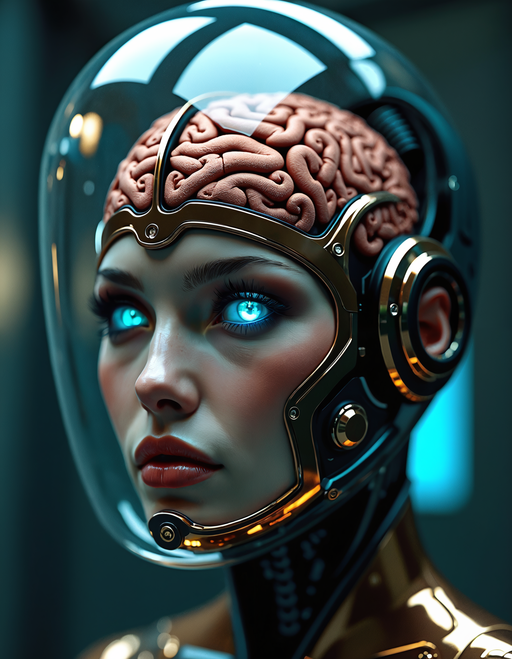 Cyberpunk human-android hybrid, exposed brain in glass dome. Piercing blue glowing eyes. Translucent skin revealing circuitry and veins. Copper-toned metallic flesh. Stern expression, androgynous features. Hyper-realistic texture. Dark atmospheric lighting. Reflective surfaces, glass, and metal. Futuristic laboratory setting. Intricate neural connections visible. Blending of organic and synthetic elements. High-contrast image. Ultra-detailed close-up portrait. Sci-fi body horror aesthetic