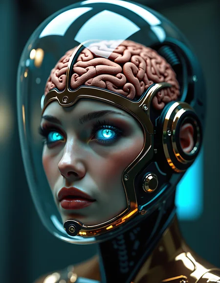 Cyberpunk human-android hybrid, exposed brain in glass dome. Piercing blue glowing eyes. Translucent skin revealing circuitry and veins. Copper-toned metallic flesh. Stern expression, androgynous features. Hyper-realistic texture. Dark atmospheric lighting. Reflective surfaces, glass, and metal. Futuristic laboratory setting. Intricate neural connections visible. Blending of organic and synthetic elements. High-contrast image. Ultra-detailed close-up portrait. Sci-fi body horror aesthetic