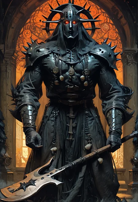 ((score_9, score_8_up, score_7_up)), 1man, face focus,red glowing eyes trough iron spike medieval, muscular, facing viewer, taarakian, high fantasy, heavy metal, , red and black barbarian outfit, axe , dynamic pose, detailed background, masterpiece, HMstyle, ghotic church in background, executioner big axe