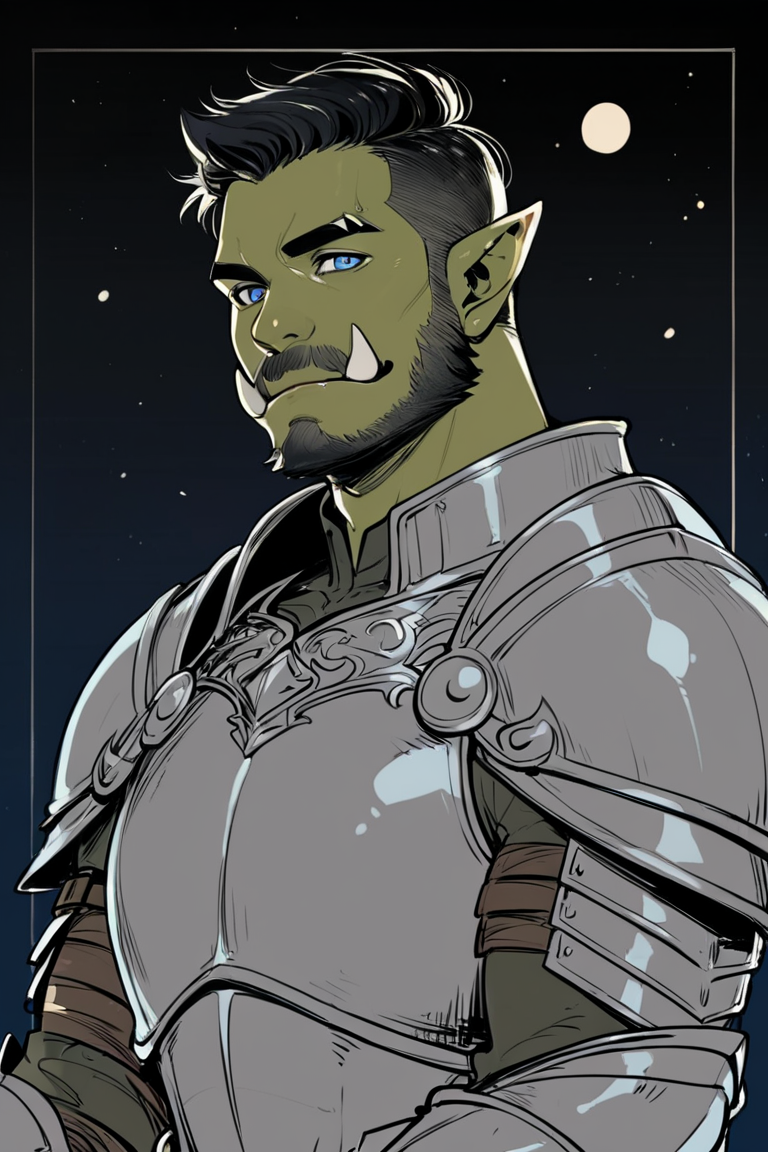 score_9, score_8_up, score_7_up, rating_safe, 1boy, solo, male focus, mature male, orc, green skin, tusks, blue eyes, short hair, black hair, facial hair, beard, mustache, looking at viewer, armor, shoulder armor, breastplate, pauldrons, upper body, closed mouth, standing, outdoors, night, night sky, dark background <lora:LineArt Mono Style LoRA_Pony XL v6:1>