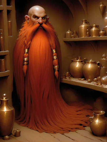 Harry_Dwarf, full body, dwarf-like character, flowing long red beard, long moustache,bald, gold bangles, <lora:Harry_Dwarf:1>, <lora:add-detail-xl:0.8>, inside vardo wagon, (looking at the viewer:0.7), (potions and alchemical ingredients on the shelf in background:1.1), drapes, (film grain)