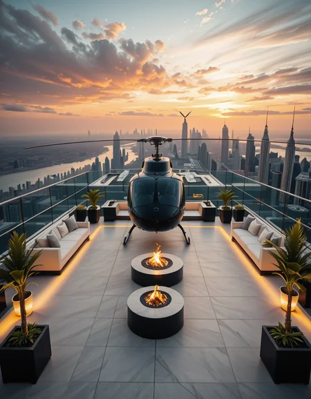 A high-resolution photo of a luxurious rooftop of a five-star hotel at sunset, featuring a sleek helipad with a high-end, matte-black private helicopter elegantly parked. The rooftop is designed with ultra-modern architecture, featuring a spacious terrace with infinity-edge glass railings, ambient lighting, and a panoramic city skyline in the background. The surface of the helipad is clean, polished concrete with clear illuminated markings. Surrounding the helipad, there are lounge areas with modern outdoor furniture, minimalist fire pits, and decorative planters with tropical greenery. The lighting is warm and golden, casting soft shadows and highlighting the contours of the helicopter and the textures of the rooftop. The sky is dramatic, painted with hues of orange, pink, and violet, creating a cinematic atmosphere of luxury and exclusivity. The overall mood is elite, calm, and aspirational, showcasing the ultimate in urban luxury lifestyle.
<lora:SDXLFaeTastic2400:0.4> <lora:extremely_detailed:0.4> extremely detailed,helipad r00ft0p <lora:helipad_r00ft0p-i:1>, Masterpiece,best quality,hi res,8k,hi res,8k,award winning,(sharp focus, intricate, highly detailed),