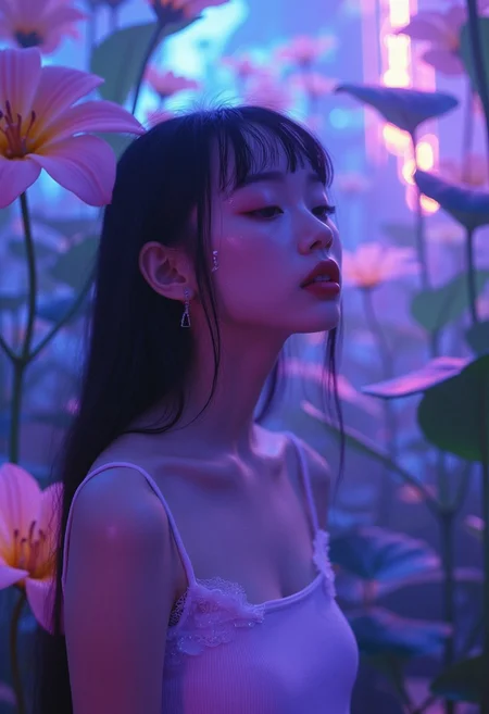 This is a digital artwork rendered in a hyper-realistic, photorealistic style. The image features a young Asian woman standing in a fantastical, neon-lit environment filled with large, ethereal plants. The woman, likely in her early twenties, has long, dark hair cascading down her back and bangs framing her face. She has a slender physique and fair skin. Her eyes are closed, and her expression is contemplative, with a serene, almost ethereal quality.