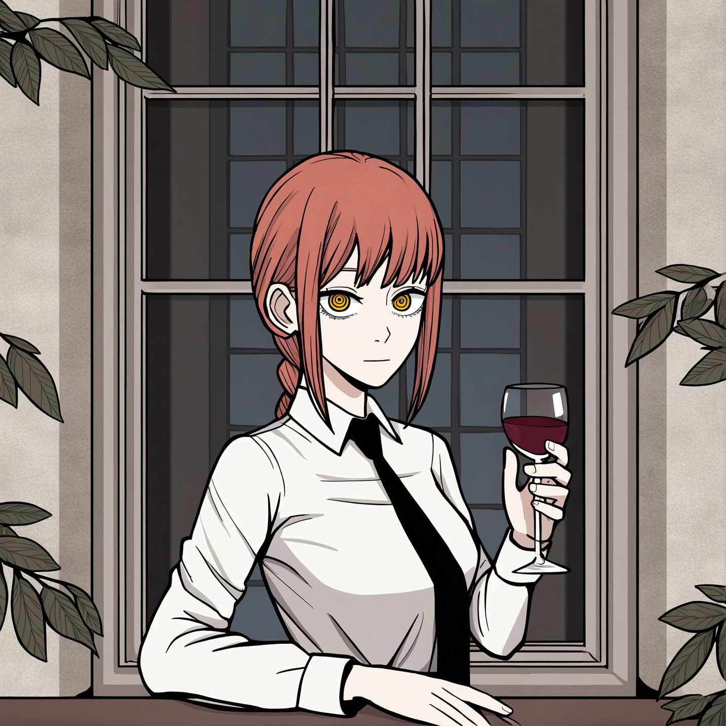 1girl,makima \(chainsaw man\),solo,shirt,looking at viewer,necktie,short hair,collared shirt,formal,bangs,white shirt,closed mouth,medium hair,cup,drinking glass,wine glass,wine,holding,holding cup,window,alcohol,solo,suit,formal,long sleeves,leaf,indoors,
<lora:RUSTYLAKE-noob10-v1-000045>,masterpiece,best quality,amazing quality,very aesthetic,highres,absurdres,
